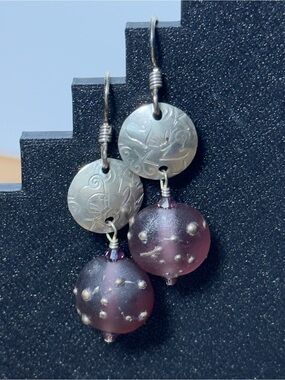 Handmade Celestial Purple Frosted Glass & Etched Silver Disc Dangle Earrings